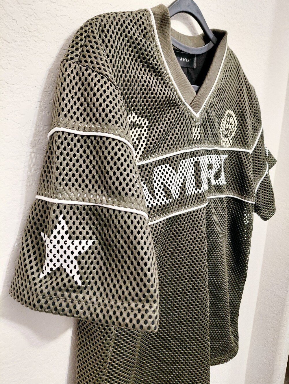 AMIRI Olive Green Mesh Logo Black Lined Double Layer V-Neck Jersey TShirt Medium